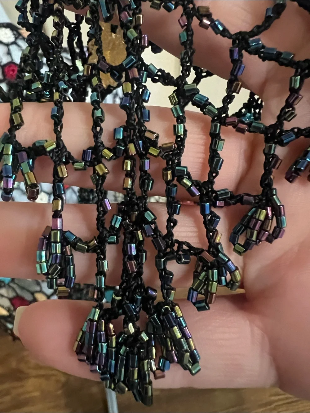 Vintage Bohemian Black Crochet and Beaded Shawl with Vibrant Multicolor Flowers
